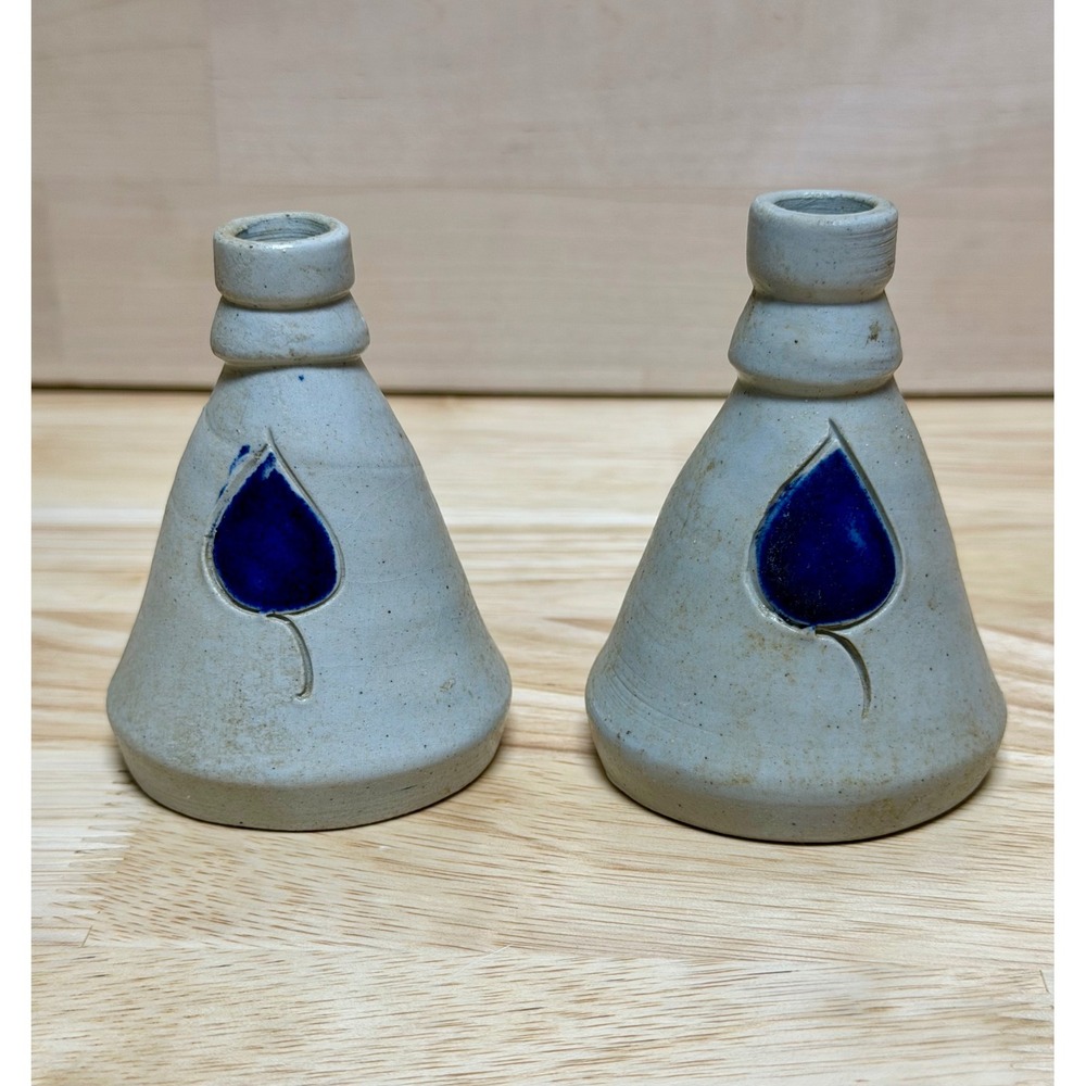 Williamsburg Pottery Salt Glaze Stoneware Blue Leaf Candle Holder Pair VA USA